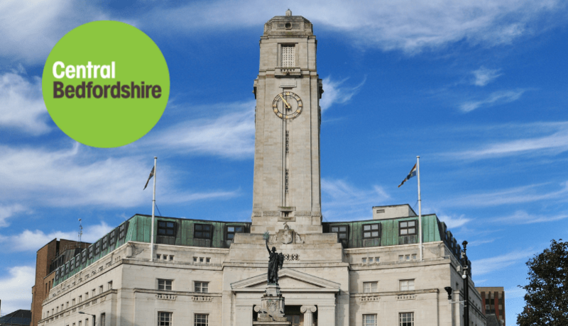 Luton Town Hall with the Central Bedfordshire Council logo